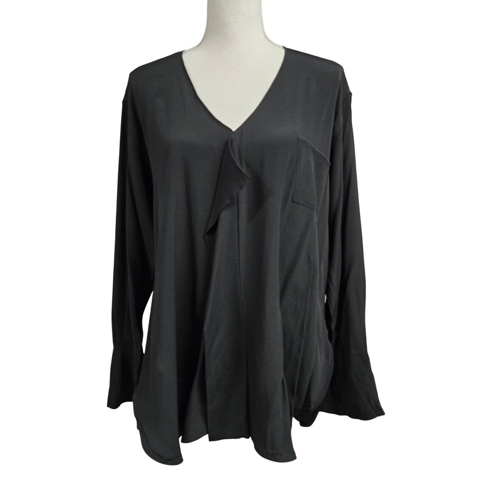 Seventy Venezia Italy Silk Blend V-Neck Draped Blouse Top Black Size 48 /US XL